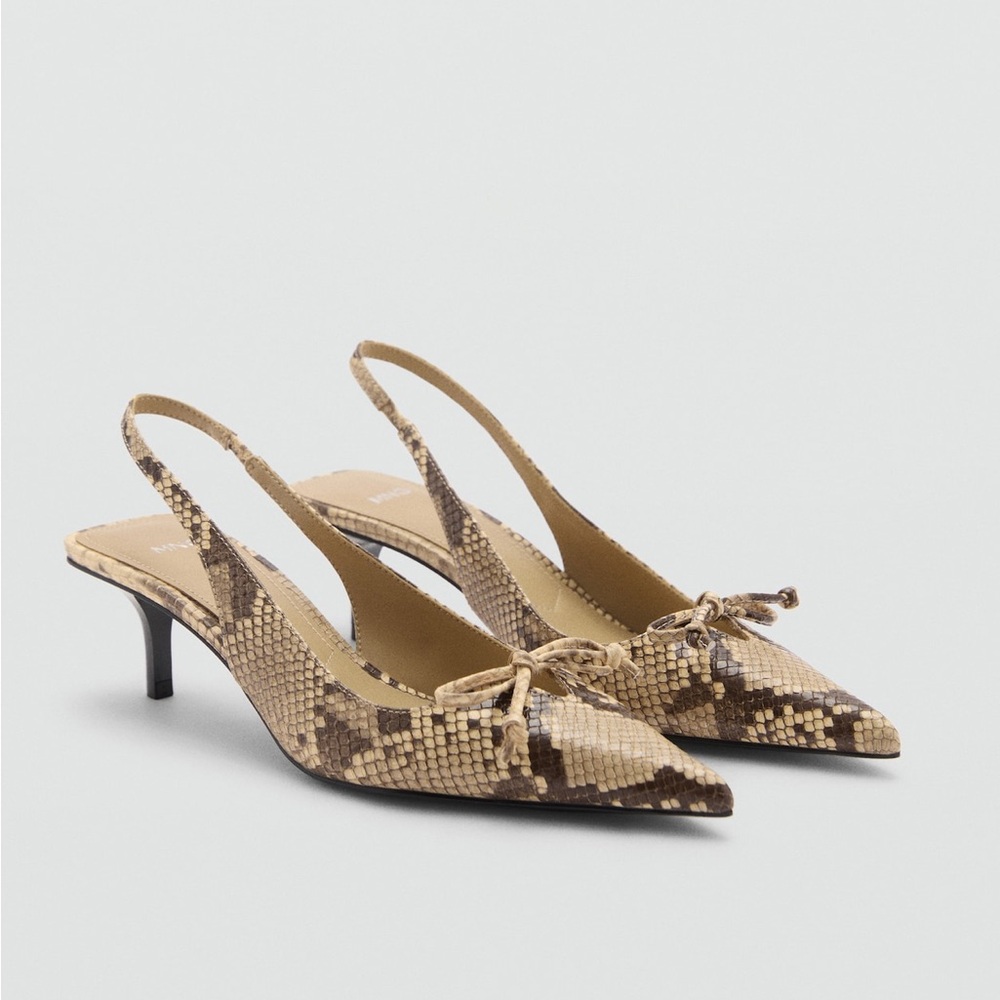 Mango MNG Embossed Kitten Heels with Bow Details Slingback Shoes Euro 38 US 7.5